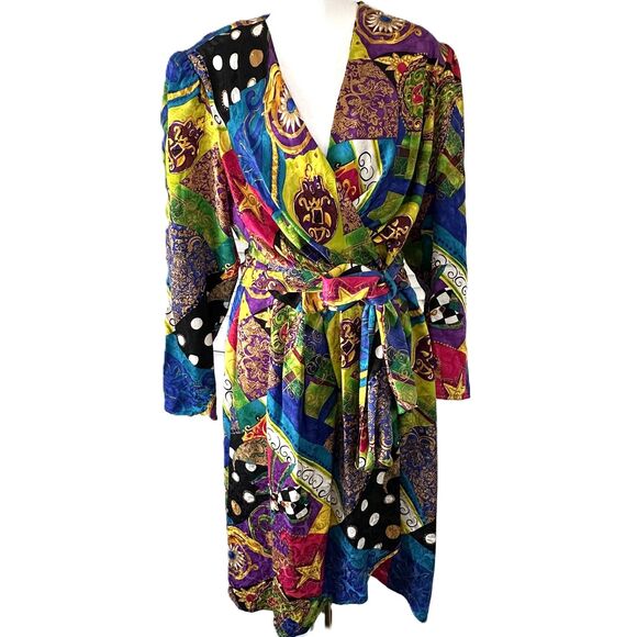 Vintage 1980s Multicolor Patchwork Silk Jacquard Wrap Dress Size Medium